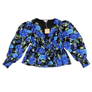 Blu Pepper Women's Peasant Blouse Deep V Vibrant Floral Top Blue Green